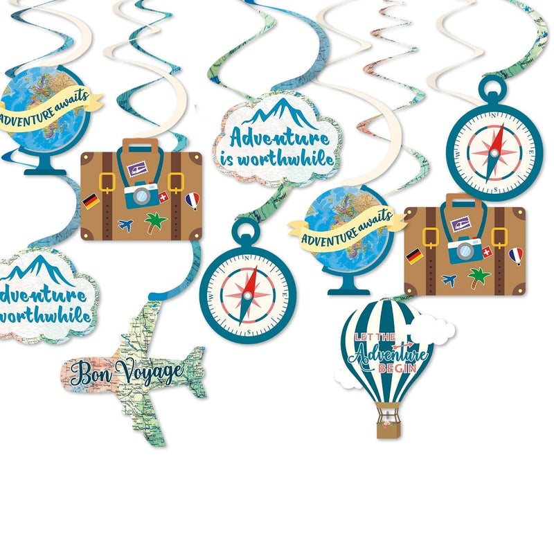 Yaaaaasss! 30CT Travel Themed Hanging Swirl Decorations Adventure Awaits Bon Voyage Farewell Retirement Themed Party Around The World Wedding Shower Party Ceiling Spiral Door Whirls Streamers Supplies - Image 1